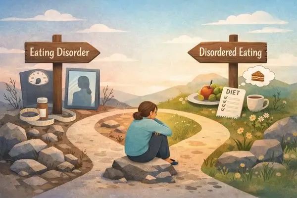 Woman sitting at crossroads of difference between eating disorder and disordered eating